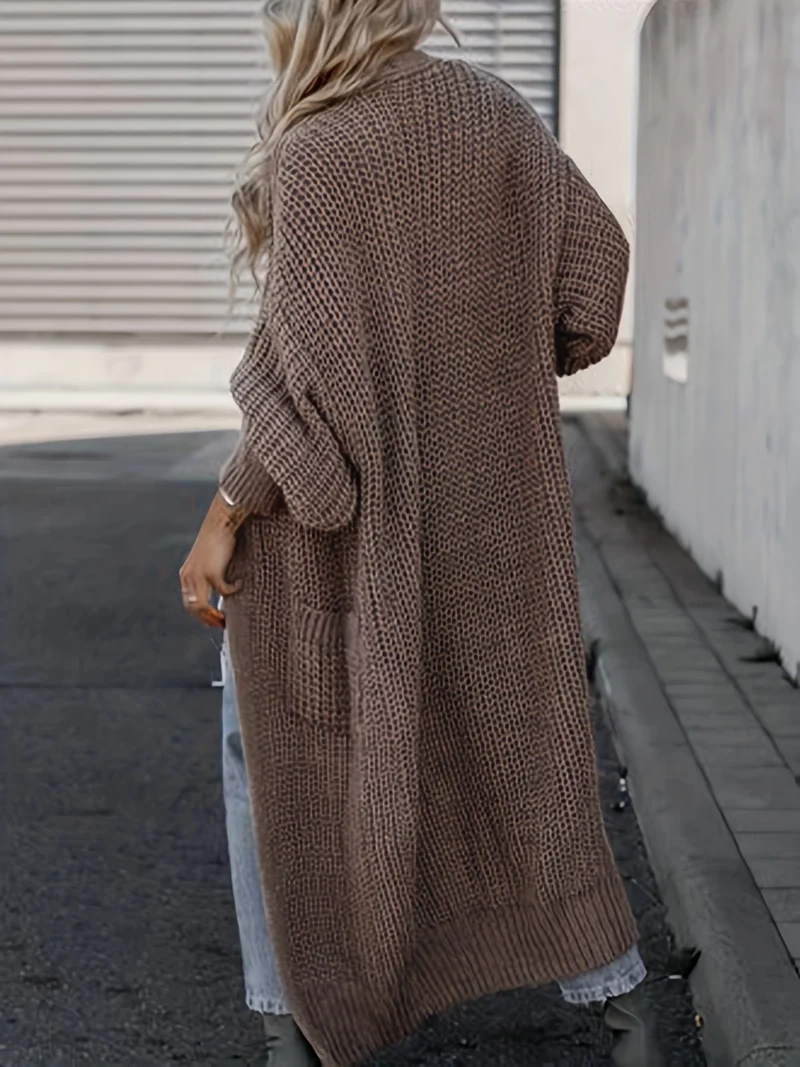 Solido Cardigan Con Tasca Frontale Aperta, Maglione Lungo A Maniche Lunghe Casual Per Autunno E Inverno, Abbigliamento Da Donna