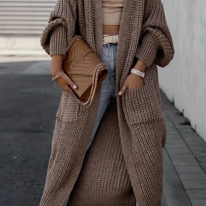 Solido Cardigan Con Tasca Frontale Aperta, Maglione Lungo A Maniche Lunghe Casual Per Autunno E Inverno, Abbigliamento Da Donna