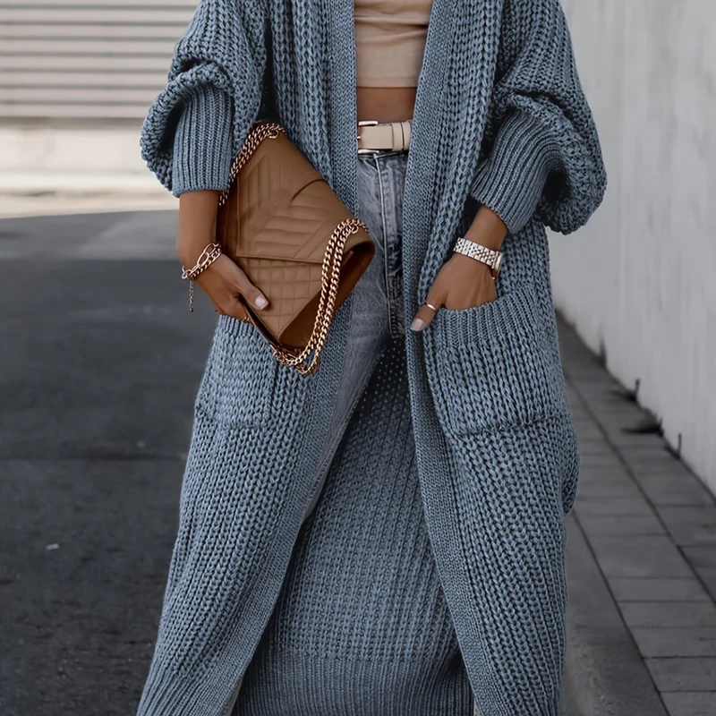 Solido Cardigan Con Tasca Frontale Aperta, Maglione Lungo A Maniche Lunghe Casual Per Autunno E Inverno, Abbigliamento Da Donna