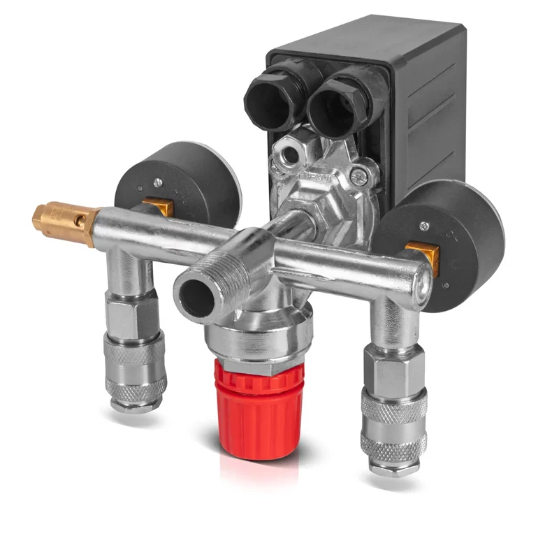 STAHLWERK Druckschalter DE-20 ST 0-10 bar Druckregler | Steuerventil | Kompressor-Schalter mit Manometer und zwei Schnellkupplungen für Druckluft-Kompressoren