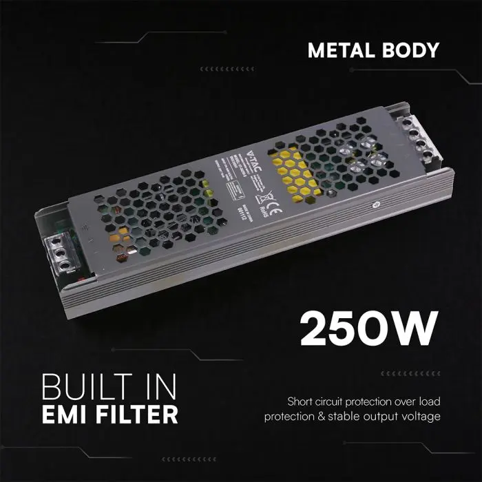 Alimentatore LED V-TAC Slim in Metallo 250W 24V 10.5A – IP20