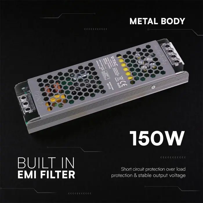Alimentatore LED V-TAC Slim in Metallo 150W 24V 6.25A – Ultra Piatto IP20