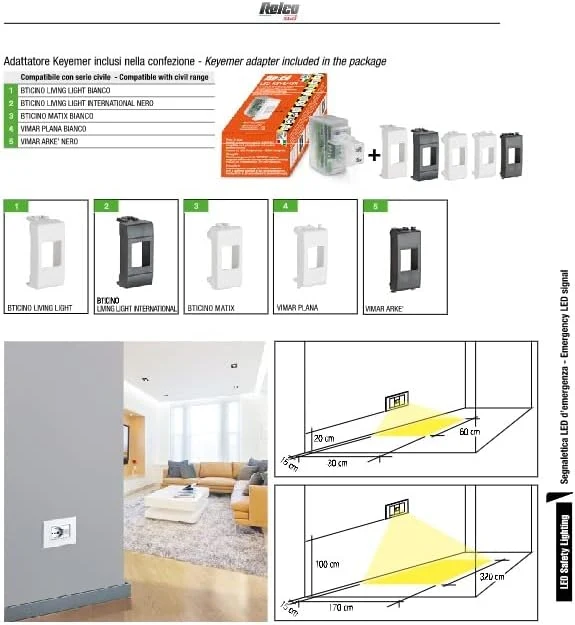Lampada di emergenza LED Relco da incasso SE/SA compatibile Bticino e Vimar