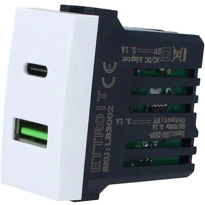 Caricatore USB doppio Tipo A e C 3,1Ah bianco per Bticino Light