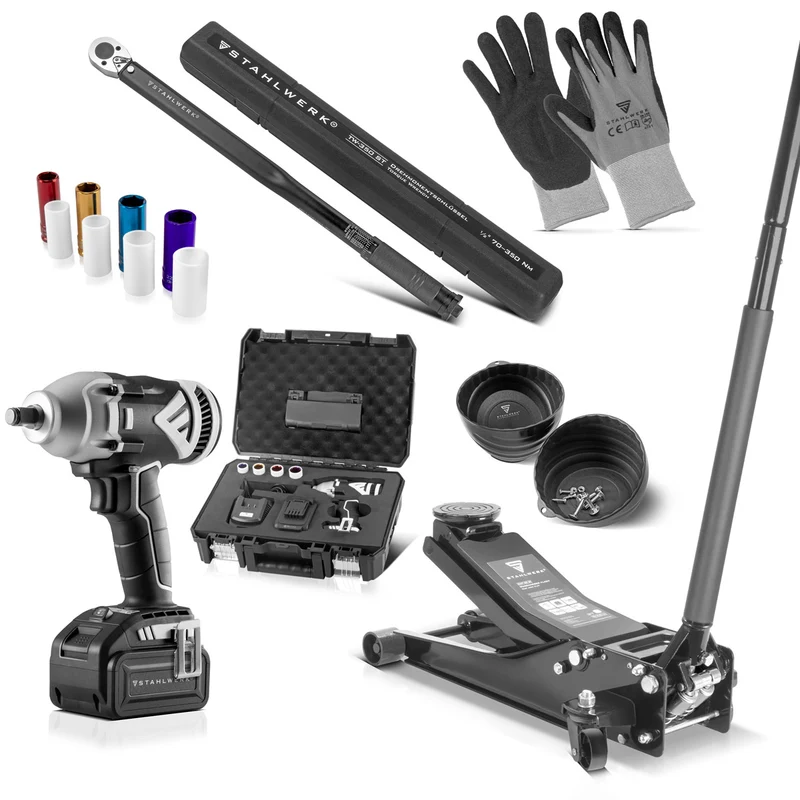 STAHLWERK Reifenwechsel-Set Pro bestehend aus einem extra flachen Rangier-Wagenheber, Drehschlagschrauber, Drehmomentschlüssel, Magnetschale und Arbeitshandschuhen