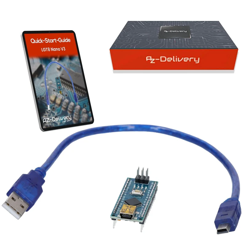 LGT8 Nano V3 - Microcontroller board with LGT8F328P and CH340, compatible with Arduino Nano, 32 MHz clock frequency, with pre-soldered pins & USB cable