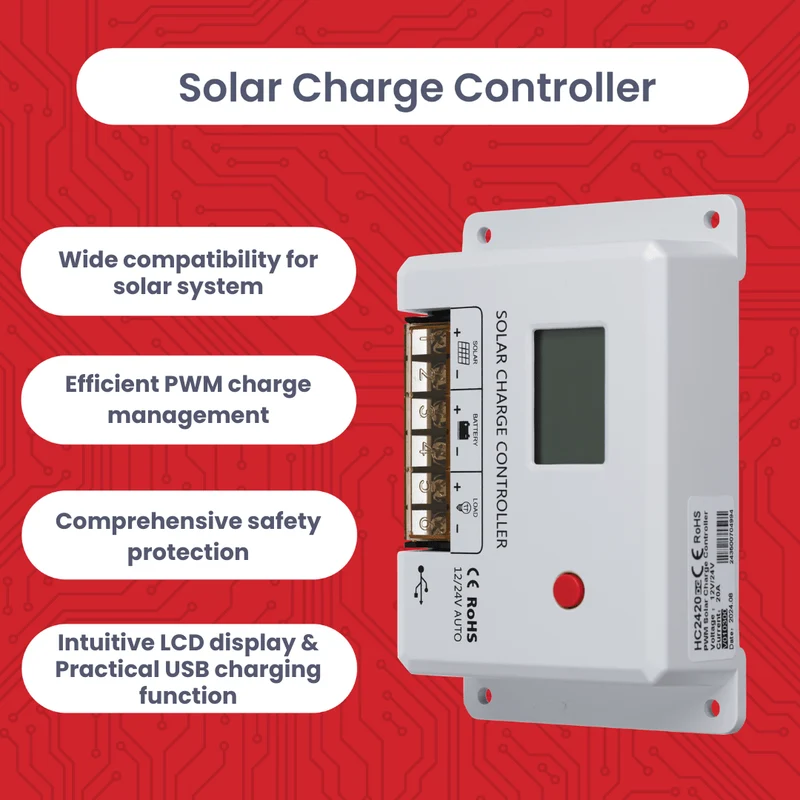 MIT-HC2420 PWM Solar Charger 12V/24V, 20A Solar Charge Controller with LCD, Dual USB, Short Circuit and Reverse Polarity Protection, Solar Charge Controller for LiFePO4, Gel & AGM Batteries