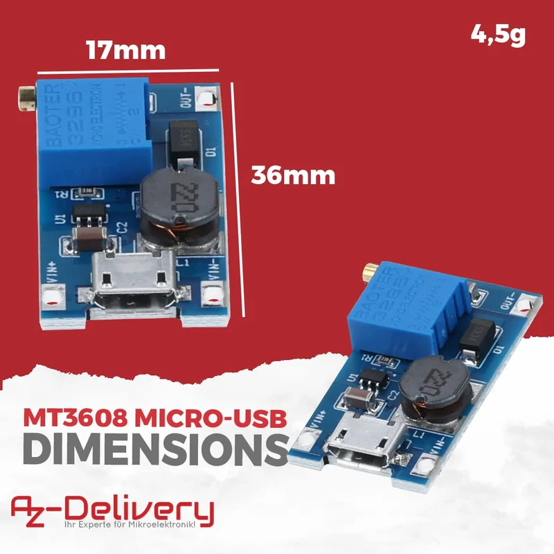 2A DC-DC boost step-up converter, MicroUSB - Universal voltage regulator, 2V-24V to 5V-28V, for MT3608