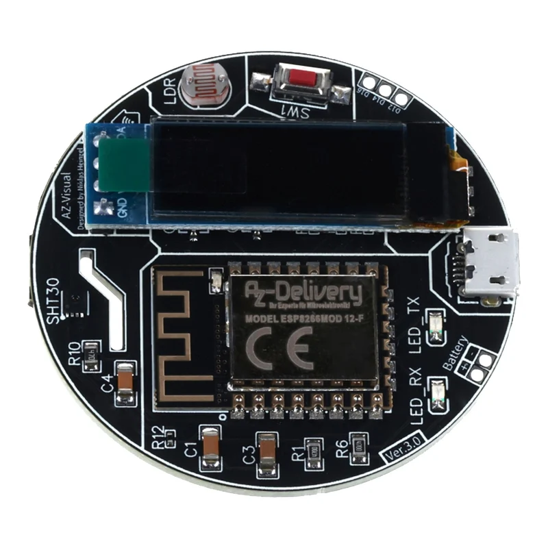 AZ-Visual - ESP8266-12F development board with temperature, humidity and ambient light sensor (SHT30 and LDR) + OLED display 0.91"