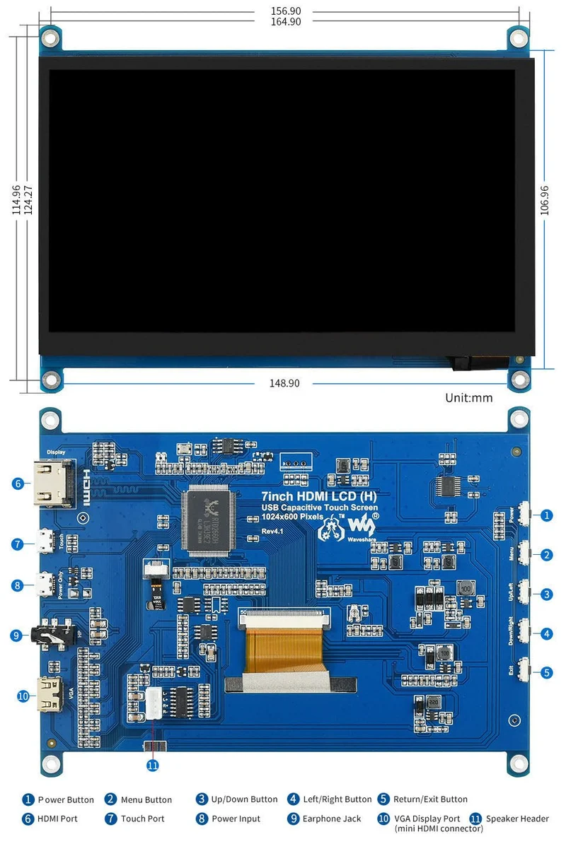 Waveshare 7" IPS HDMI USB touch display with audio compatible with Raspberry