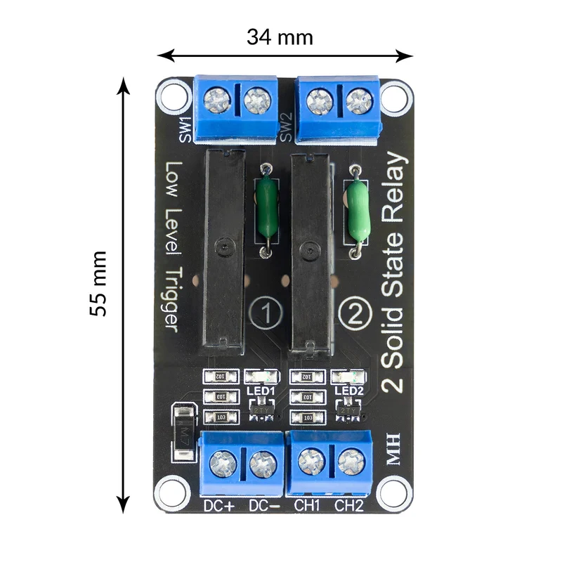 2 Channel Solid State Relay 5V DC Low Level Trigger Power Switch Compatible with Arduino and Raspberry Pi