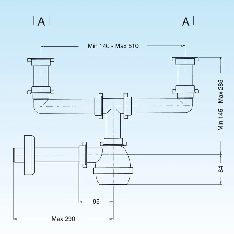 Sifone Scarico Tipo M per Lavelli INOX a 2 Vie Senza Piletta Lira 11 x 2