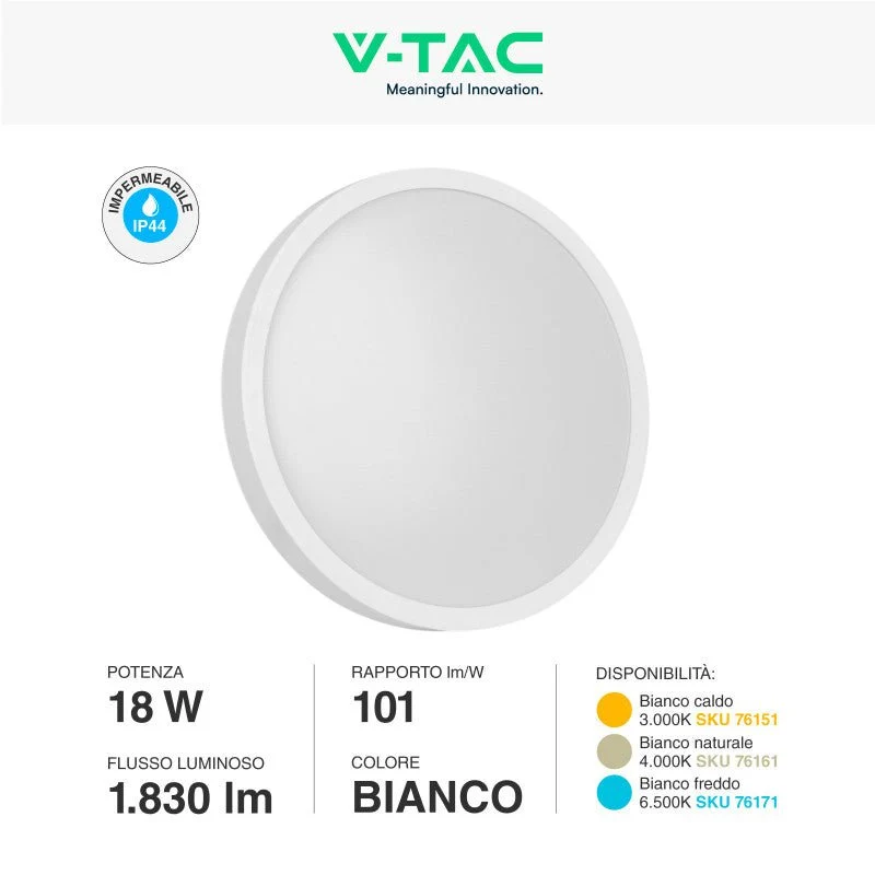 Pannello LED Rotondo 18W V-Tac SMD IP44 da Parete - Disponibile Luce: Calda 3000K, Naturale 4000K e Fredda 6500K