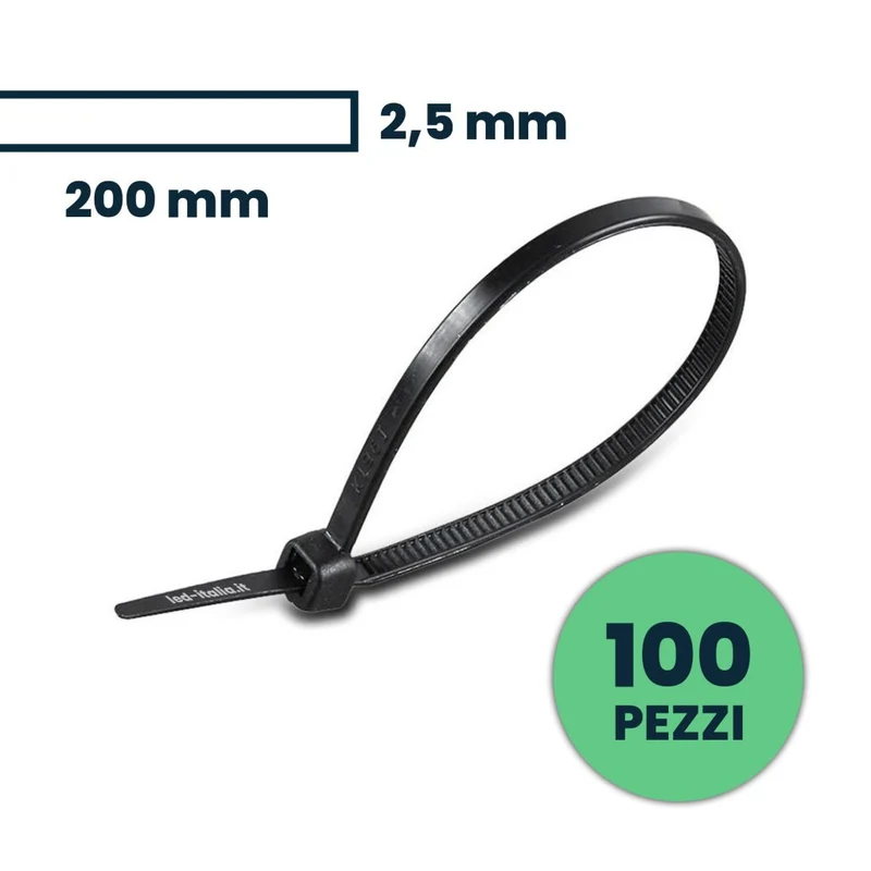 Confezione da 100 Fascette Stringicavo Autobloccanti in Nylon 2,5 X 200 MM - Nero