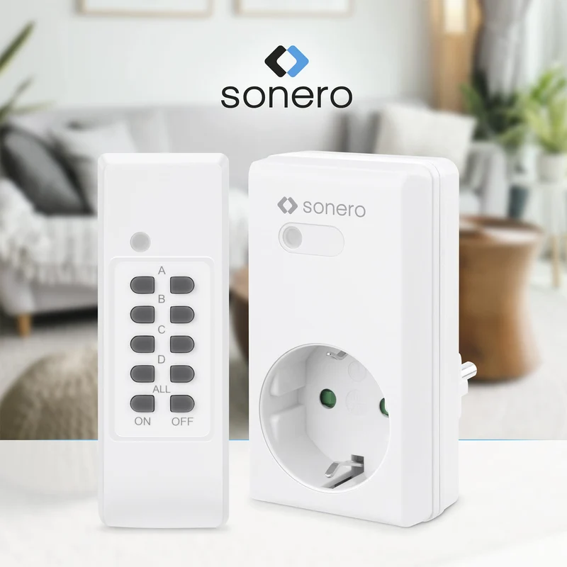 Sonero set di prese radiocomandate 3x presa radiocomandata e 1x radiocomando, 1100 watt, portata massima 30m, interno, bianco (presa tedesca)