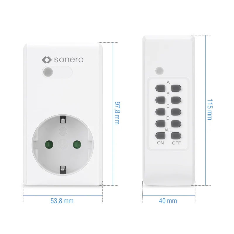 Sonero set di prese radiocomandate 3x presa radiocomandata e 1x radiocomando, 1100 watt, portata massima 30m, interno, bianco (presa tedesca)