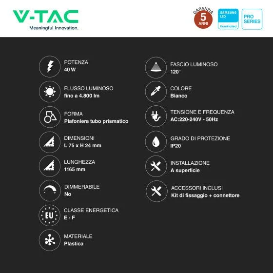 Tubo LED Prismatico 40W V-Tac Plafoniera SMD Lampadina 120cm Chip Samsung - Disponibile con: Luce Bianca Naturale 4000K e Fredda 6500K