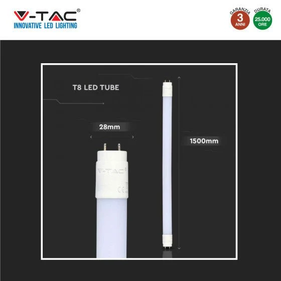 Tubo LED SMD Nano Plastic T8 G13 20W V-Tac Lampadina 150cm con Starter - Disponibile Luce: Calda 3000K - Naturale 4000K - Fredda 6500K