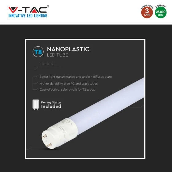 Tubo LED SMD Nano Plastic T8 G13 20W V-Tac Lampadina 150cm con Starter - Disponibile Luce: Calda 3000K - Naturale 4000K - Fredda 6500K