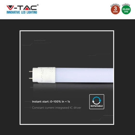 Tubo LED SMD Nano Plastic T8 G13 20W V-Tac Lampadina 150cm con Starter - Disponibile Luce: Calda 3000K - Naturale 4000K - Fredda 6500K