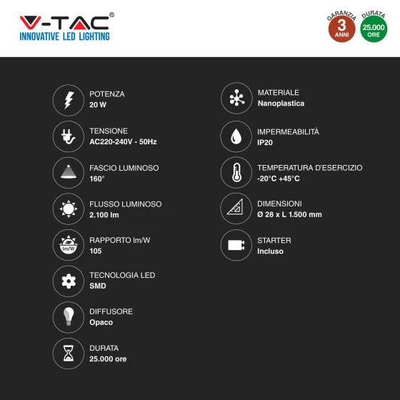 Tubo LED SMD Nano Plastic T8 G13 20W V-Tac Lampadina 150cm con Starter - Disponibile Luce: Calda 3000K - Naturale 4000K - Fredda 6500K