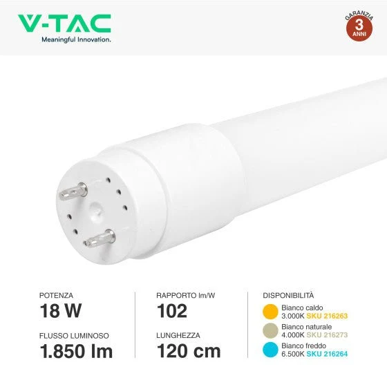 Tubo LED SMD Nano Plastic T8 G13 18W V-Tac Lampadina 120cm con Starter - Disponibile Luce: Calda 3000K - Naturale 4000K - Fredda 6500K
