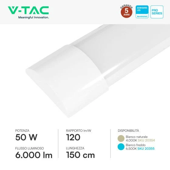 Tubo LED Prismatico 50W V-Tac Plafoniera SMD Lampadina 150cm Chip Samsung - Disponibile con: Luce Bianca Naturale 4000K e Fredda 6500K