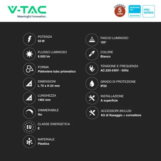 Tubo LED Prismatico 50W V-Tac Plafoniera SMD Lampadina 150cm Chip Samsung - Disponibile con: Luce Bianca Naturale 4000K e Fredda 6500K
