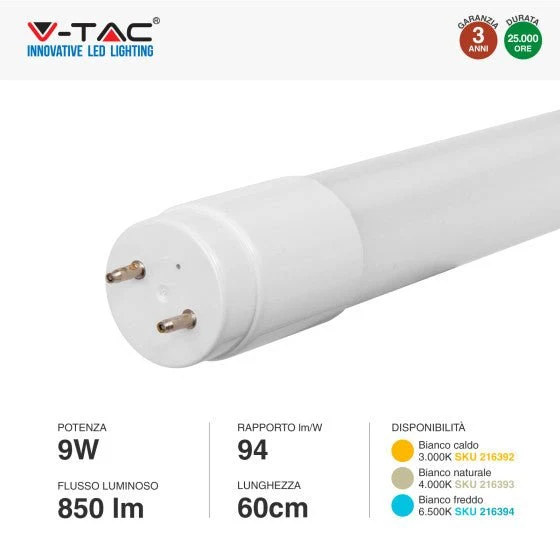 Tubo LED SMD Nano Plastic T8 G13 9W V-Tac Lampadina 60 cm con Starter - Disponibile Luce: Calda 3000K - Naturale 4000K - Fredda 6500K