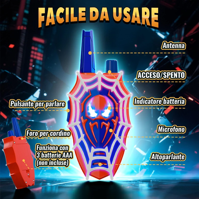 Mirthigig Walkie Talkie Bambini, Ragnatela con Luci e Occhi Lampeggianti, Giocattolo Gioco Bambino 3 4 5 6 7 8 10 11 Anni, Giocattoli Giochi Bambini 3-12 Anni, Natale Regalo Bimbo 3-12 Anni Maschio