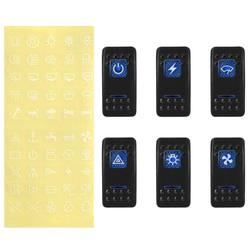 Rectangular Rocker Switch with Blue LEDs and Sticker Icons