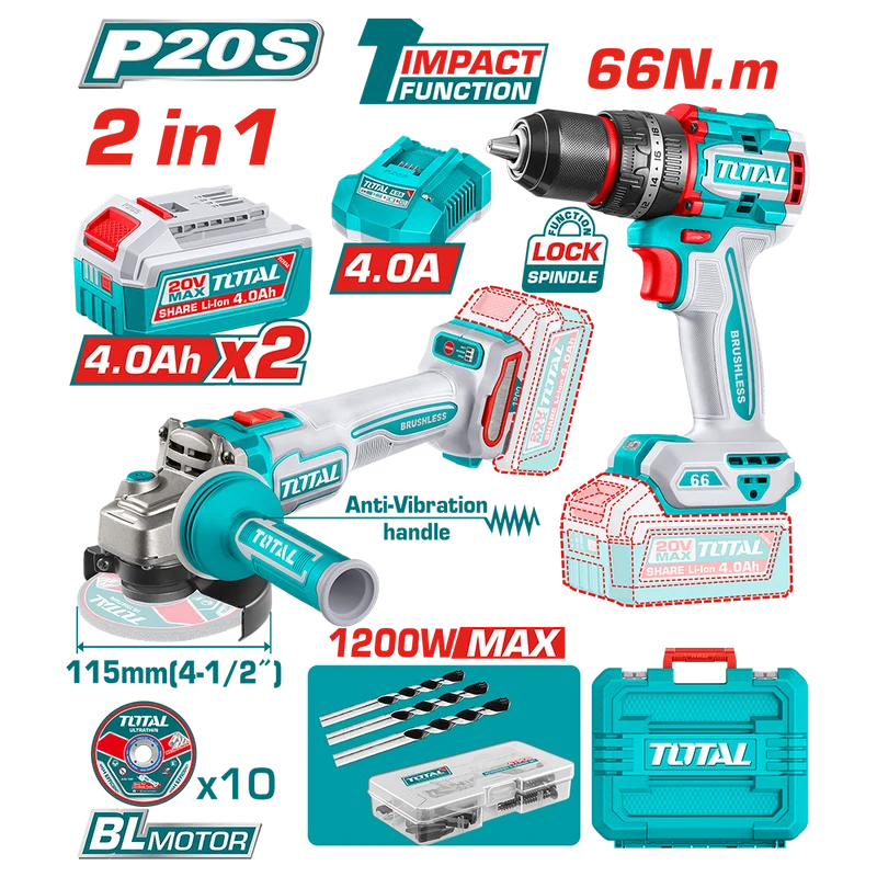 SET AVVITATORE 66 Nm e SMERIGLIATRICE ANGOLARE 115mm 1200 W CON BATTERIA CARICABATTERIA E ACCESSORI