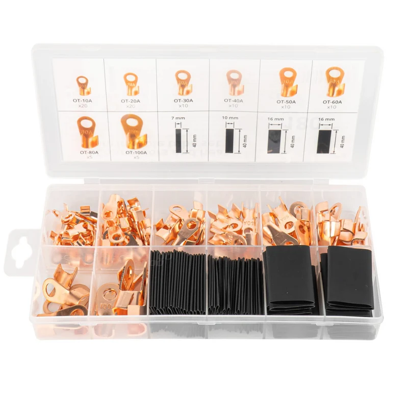 Assorted Non-Insulated Copper Ring Terminals with Heat Shrink Tubing