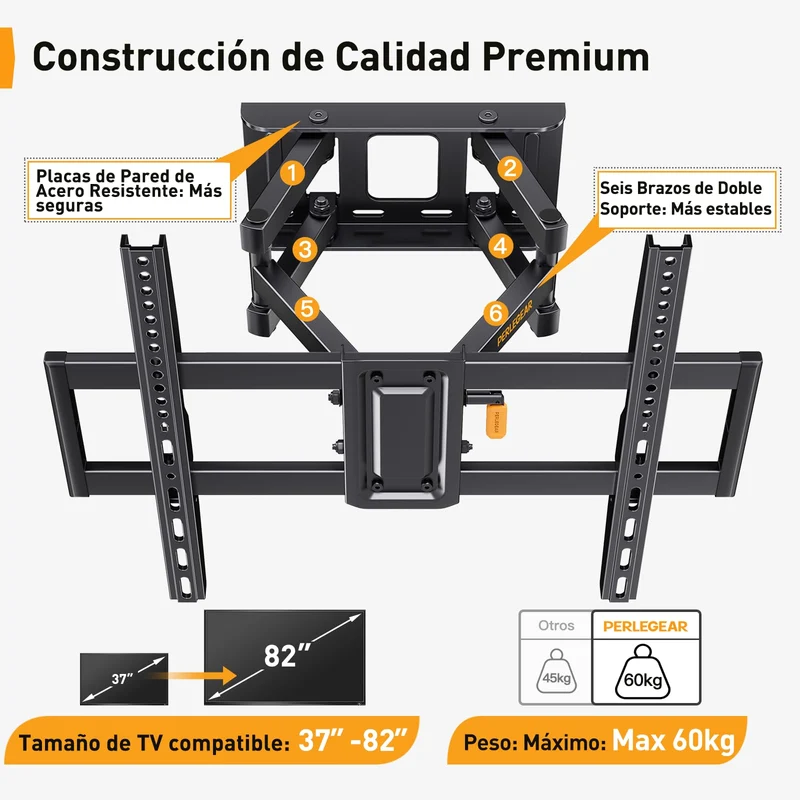 Perlegear Supporto TV Parete da 37-82 Pollici, Staffa TV Girevole Inclinabile ed Estendibile, Braccio Ultra Resistente Fino 60kg, VESA 200x100-600x400mm