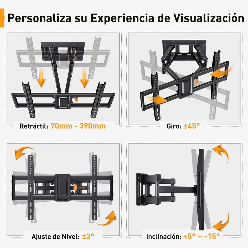 Perlegear Supporto TV Parete da 37-82 Pollici, Staffa TV Girevole Inclinabile ed Estendibile, Braccio Ultra Resistente Fino 60kg, VESA 200x100-600x400mm