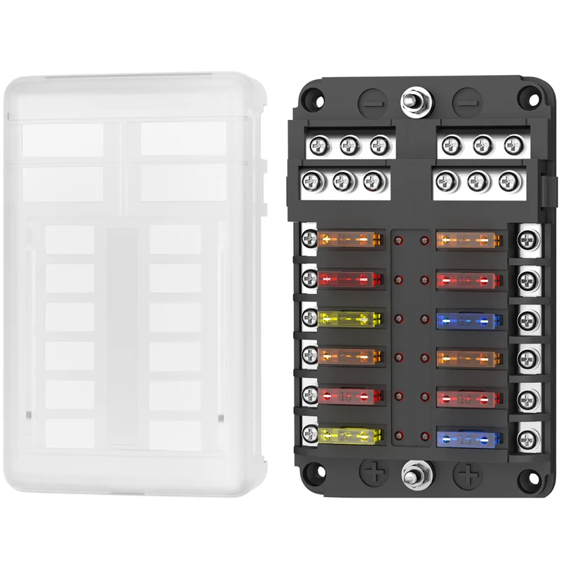 12 Way Blade Fuse Box 100A with Positive & Negative Busbar / Stud