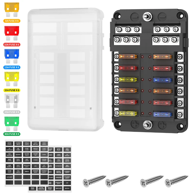 12 Way Blade Fuse Box 100A with Positive & Negative Busbar / Stud