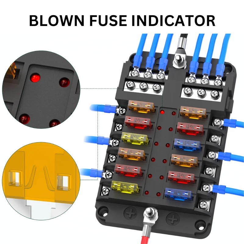 12 Way Blade Fuse Box 100A with Positive & Negative Busbar / Stud