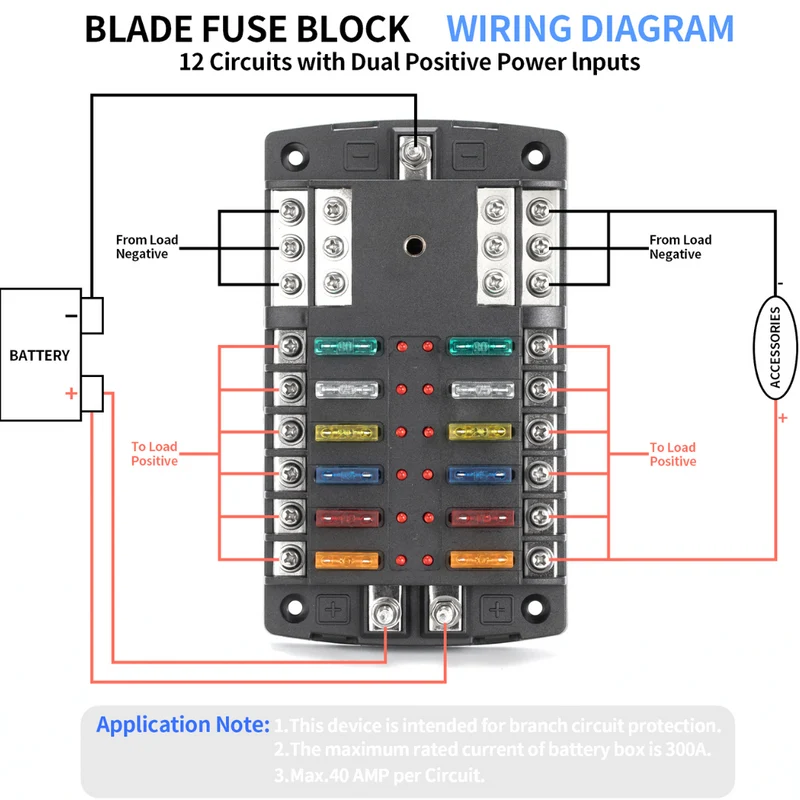 12 Way Blade Split Fuse Box 300A Stud / 2 x Positive & 1 x Negative Busbar