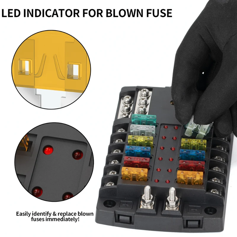 12 Way Blade Split Fuse Box 300A Stud / 2 x Positive & 1 x Negative Busbar