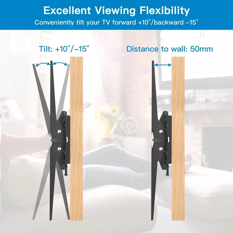 PERLESMITH Supporto TV Parete con Inclinazione Senza Attrezzi, Staffa TV Inclinabile da 26-65 Pollici Fino a 60 kg, Max VESA 400x400 mm