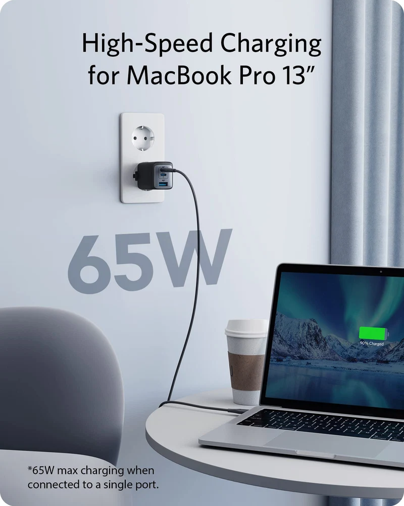 Anker Caricatore USB C rapido 735 (Nano II 65W) Pod a 3 Porte PPS, Alimentatore Compatto USB C per MacBook PRO/Air, iPad PRO, Steam Deck, Galaxy S20, dell XPS 13, Note 20, iPhone 16/15 Pro Max, Pixel