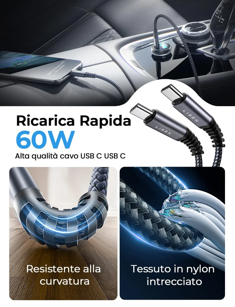 LISEN Caricatore Auto USB C 69W+60W Cavo【PD & QC3.0 Rapido】 Caricatore Auto Accendisigari, Caricabatterie Auto USB C Kit di Accessori da Auto Per Cellulari Compatibile con iPhone 17 16 15 Pro Max