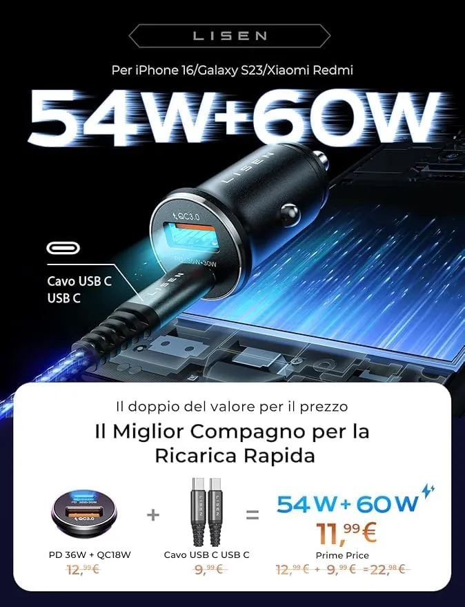 LISEN Caricatore Auto USB C 69W+60W Cavo【PD & QC3.0 Rapido】 Caricatore Auto Accendisigari, Caricabatterie Auto USB C Kit di Accessori da Auto Per Cellulari Compatibile con iPhone 17 16 15 Pro Max