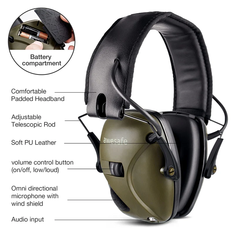 awesafe Cuffie Poligono Tiro Elettroniche Ancuffie Antirumore, Fascia Morbida Regolabile, Amplificazione Del Suono per La Caccia