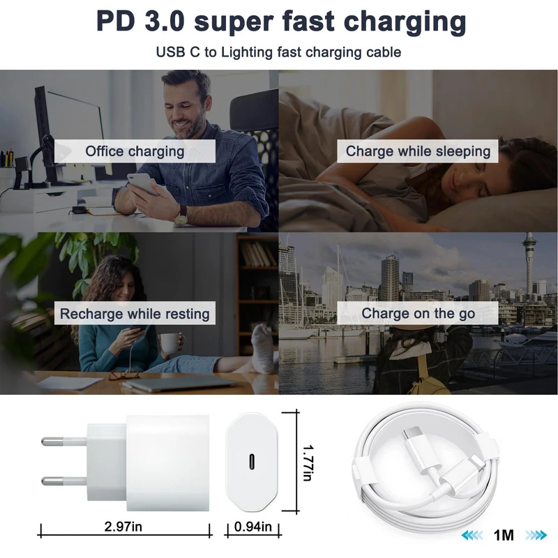 Caricatore iPhone, Caricatore USB C da 20W con Cavo i Phone da 1M, Caricabatterie per i-Phone 14/13/ 12/11/ X/ 8/7