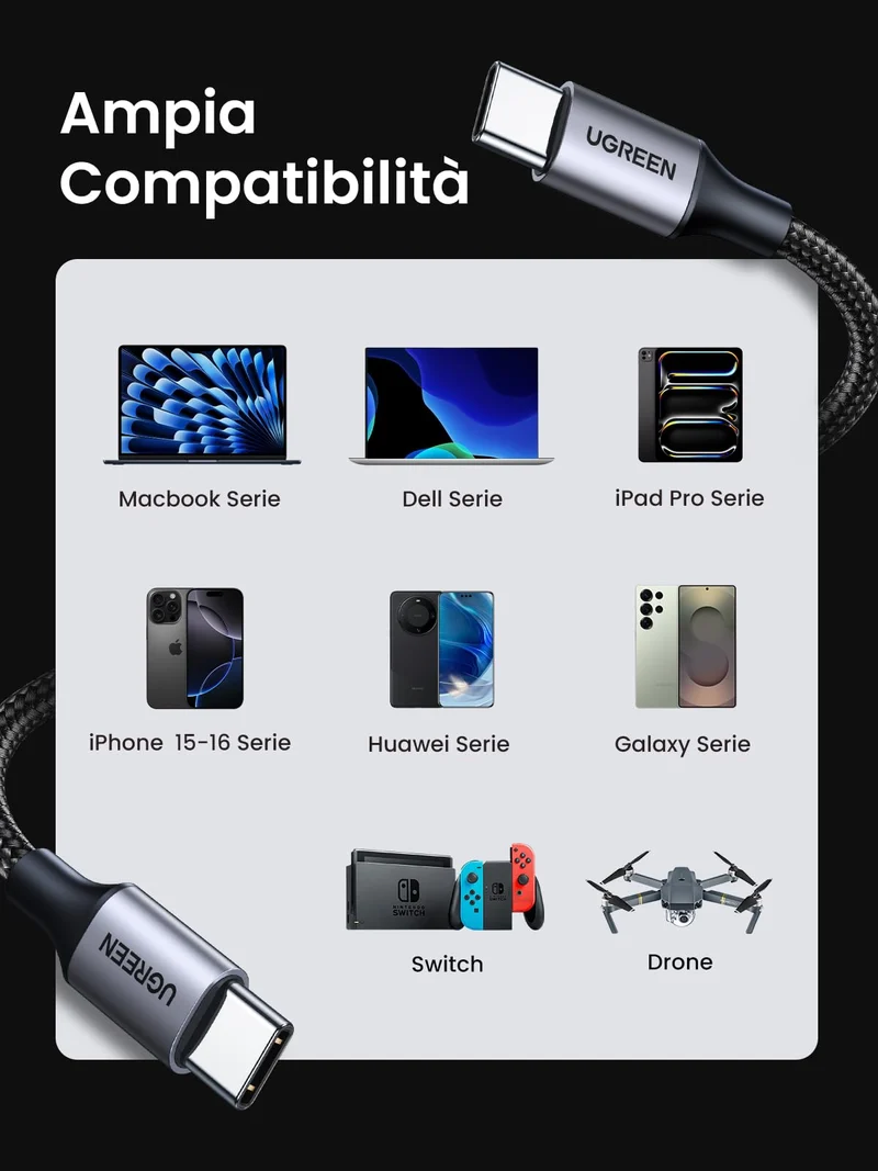 UGREEN Cavo USB C PD 60W, Cable Type C Compatible con iPhone 17 Pro Max Air/16/15 Plus Pro Max, iPad Air, Galaxy S25/S24/S23/S22/A54, Redmi, Pixel 9/8/7, PS5, Drone, ecc 1M