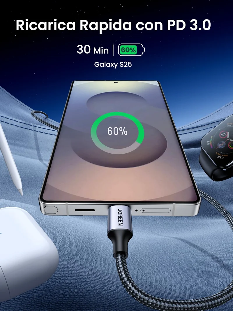 UGREEN Cavo USB C PD 60W, Cable Type C Compatible con iPhone 17 Pro Max Air/16/15 Plus Pro Max, iPad Air, Galaxy S25/S24/S23/S22/A54, Redmi, Pixel 9/8/7, PS5, Drone, ecc 1M
