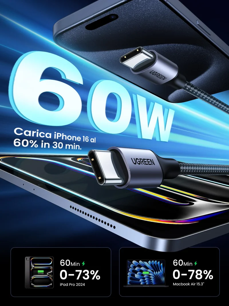 UGREEN Cavo USB C PD 60W, Cable Type C Compatible con iPhone 17 Pro Max Air/16/15 Plus Pro Max, iPad Air, Galaxy S25/S24/S23/S22/A54, Redmi, Pixel 9/8/7, PS5, Drone, ecc 1M