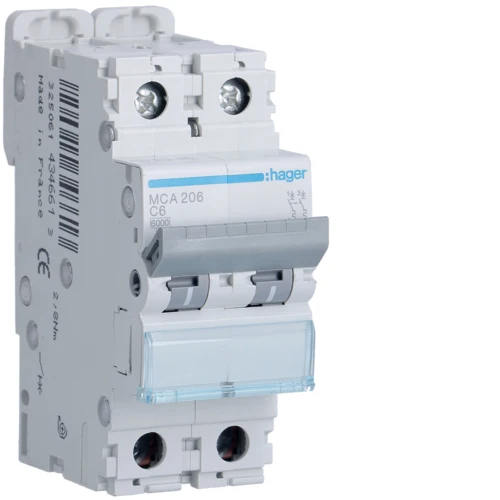 Interruttore Magnetotermico Hager 2P 6kA Curva C 6-63A 2 Moduli – Serie MCA